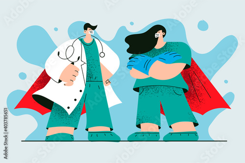 Superhero doctors working during COVID-19 pandemic concept