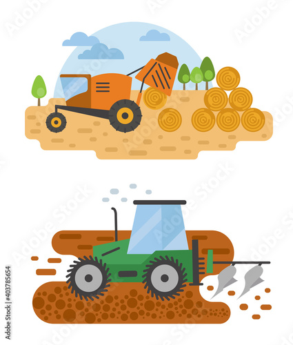 Agricultural machinery vector icon set isolated on white scene. Farming, harvesting, gardening. Illustration vector design photo