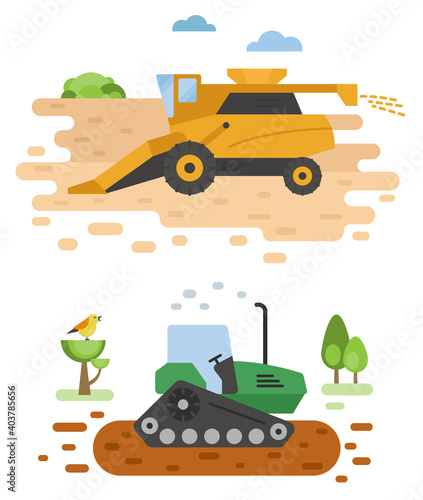 Agricultural machinery vector icon set isolated on white scene. Farming, harvesting, gardening. Illustration vector design