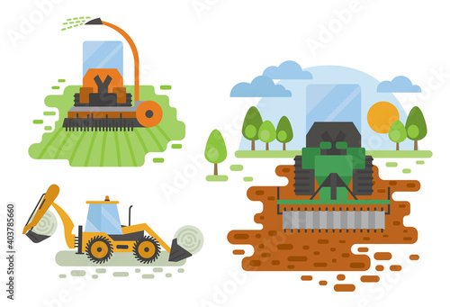 Agricultural machinery vector icon set isolated on white scene. Farming, harvesting, gardening. Illustration vector design