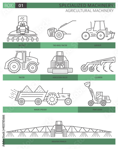 Special agricultural machinery linear vector icon set isolated on white