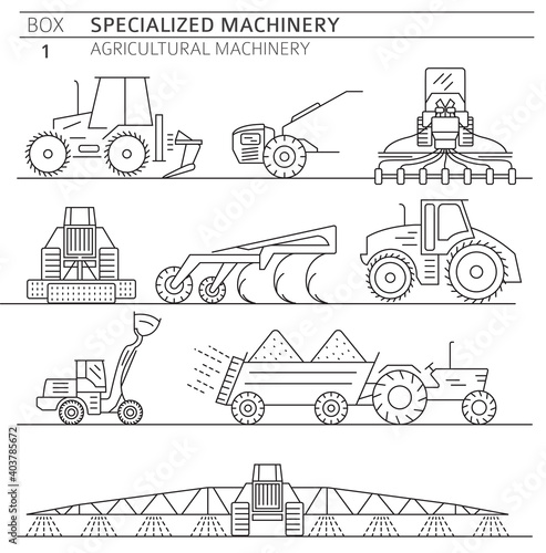 Special agricultural machinery linear vector icon set isolated on white