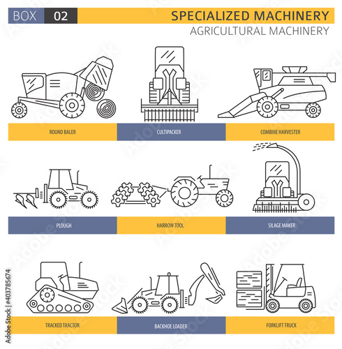 Special agricultural machinery linear vector icon set isolated on white