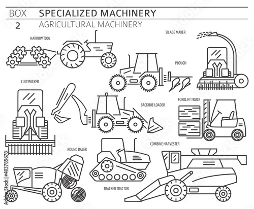Special agricultural machinery linear vector icon set isolated on white