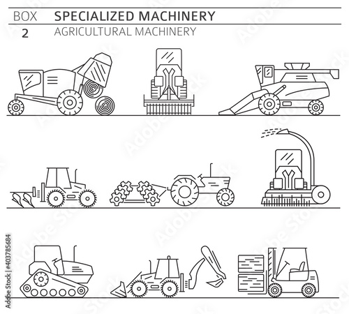 Special agricultural machinery linear vector icon set isolated on white