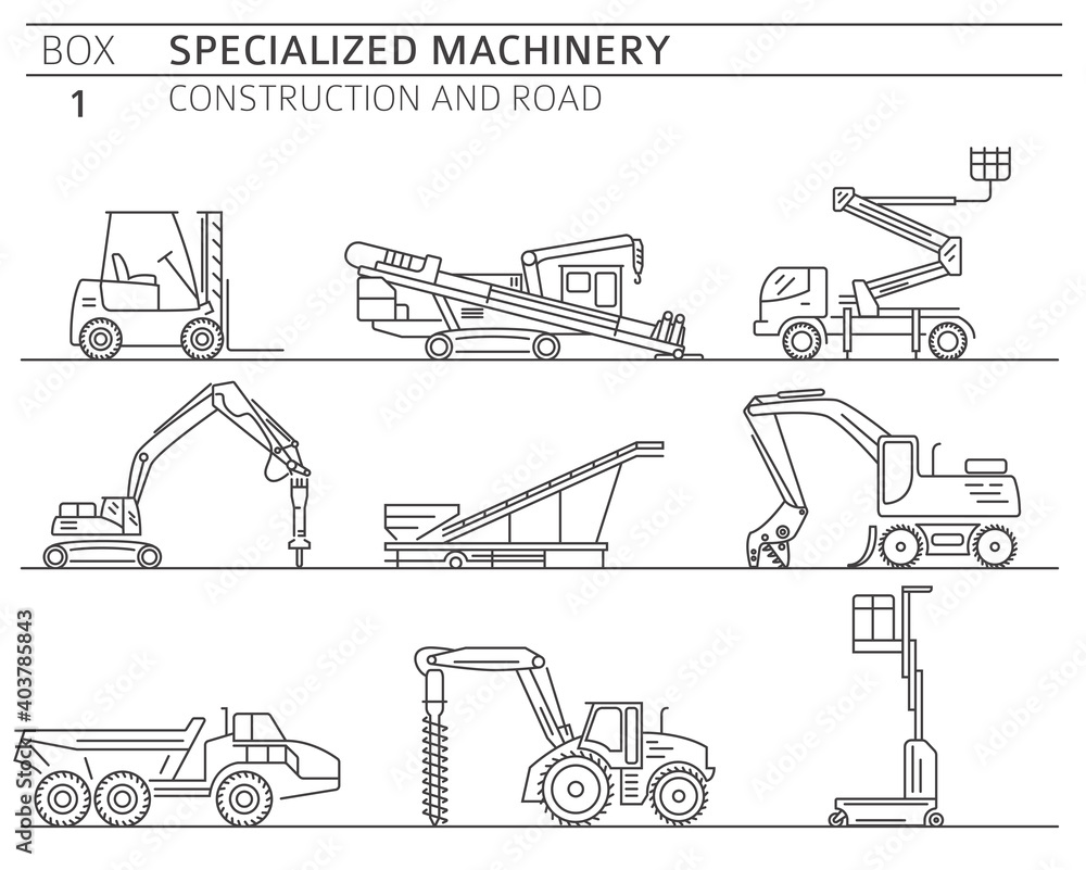 Special industrial construction and road machine linear vector icon set isolated on white