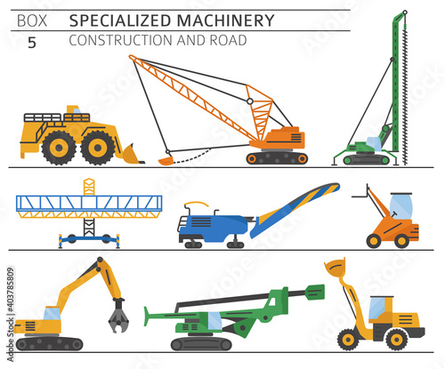 Special industrial construction and road machine coloured vector icon set isolated on white. Illustration