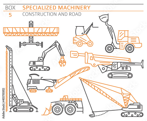 Special industrial construction and road machine linear vector icon set isolated on white