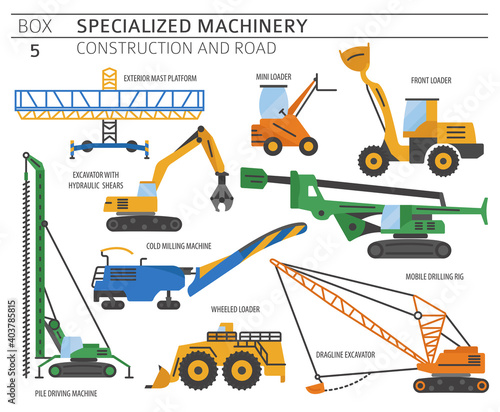 Special industrial construction and road machine coloured vector icon set isolated on white. Illustration
