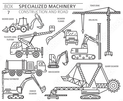 Special industrial construction and road machine linear vector icon set isolated on white