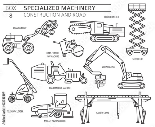 Special industrial construction and road machine linear vector icon set isolated on white