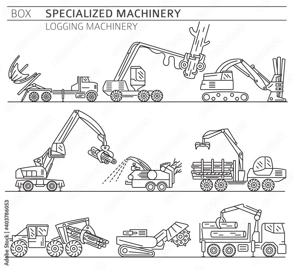 Special industrial logging machine linear vector icon set isolated on white - obrazy, fototapety, plakaty 