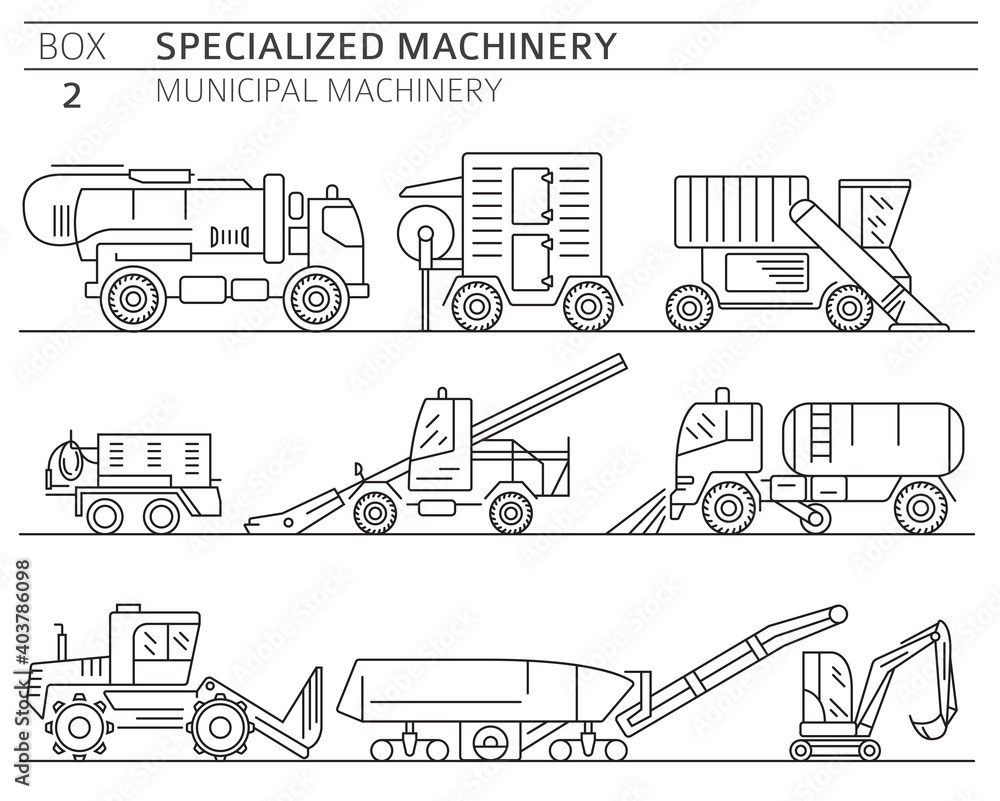 Special industrial road and municipal machine linear vector icon set isolated on white