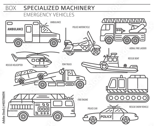 Specialized machines, emergency vehicles linear vector icon set isolated on white