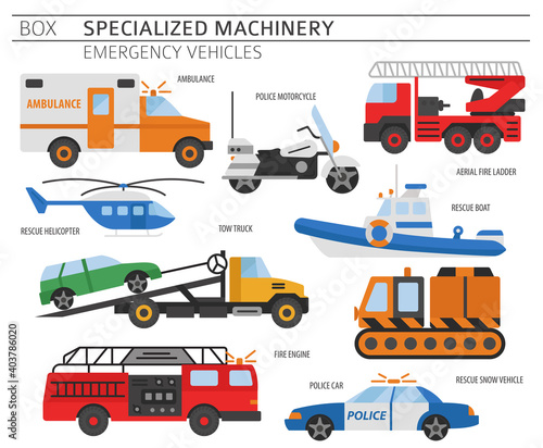 Specialized machines, emergency vehicles colour vector icon set isolated on white