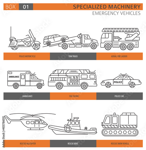 Specialized machines, emergency vehicles linear vector icon set isolated on white