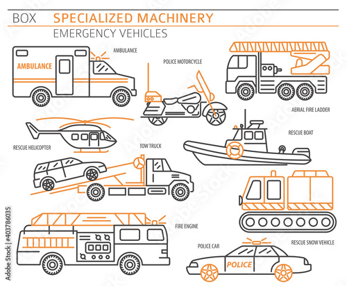 Specialized machines, emergency vehicles linear vector icon set isolated on white