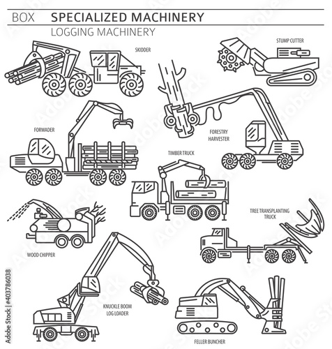 Special industrial logging machine linear vector icon set isolated on white