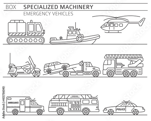 Specialized machines, emergency vehicles linear vector icon set isolated on white