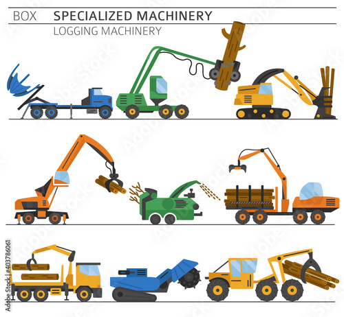 Special industrial logging machine colour vector icon set isolated on white
