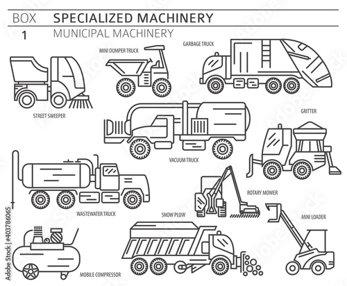 Special industrial road and municipal machine linear vector icon set isolated on white