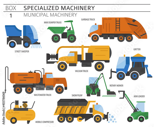 Special industrial road and municipal machine. Colour flat vector icon set isolated on white