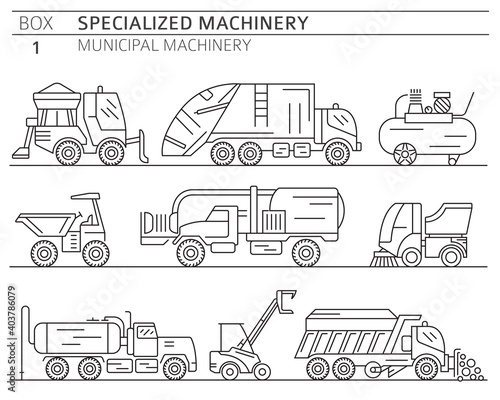 Special industrial road and municipal machine linear vector icon set isolated on white