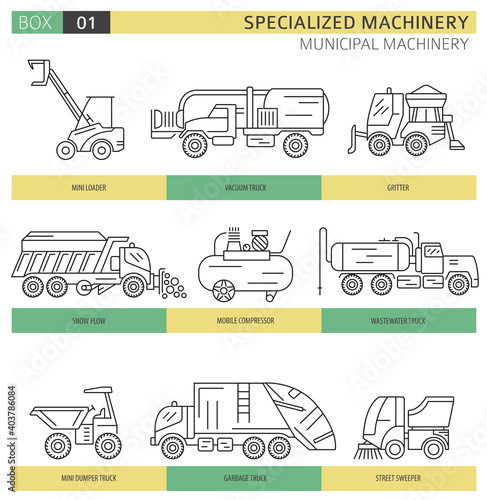 Special industrial road and municipal machine linear vector icon set isolated on white