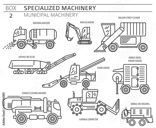 Special industrial road and municipal machine linear vector icon set isolated on white