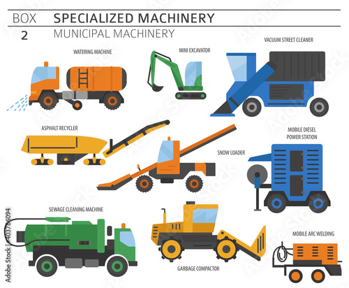Special industrial road and municipal machine. Colour flat vector icon set isolated on white © a7880ss