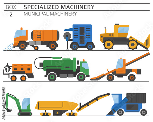 Special industrial road and municipal machine. Colour flat vector icon set isolated on white