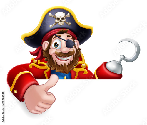 A pirate captain cartoon character peeking over a sign background and giving a thumbs up