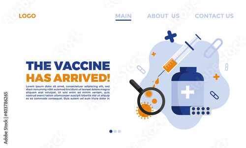 website template health care center with vaccine icons. Coronavirus vaccine pandemic concept. medical care flyer web page concept. 