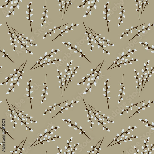 Vector seamless pattern with pussy willow branches; for wrapping paper, packaging, posters, banners. © Xaphana