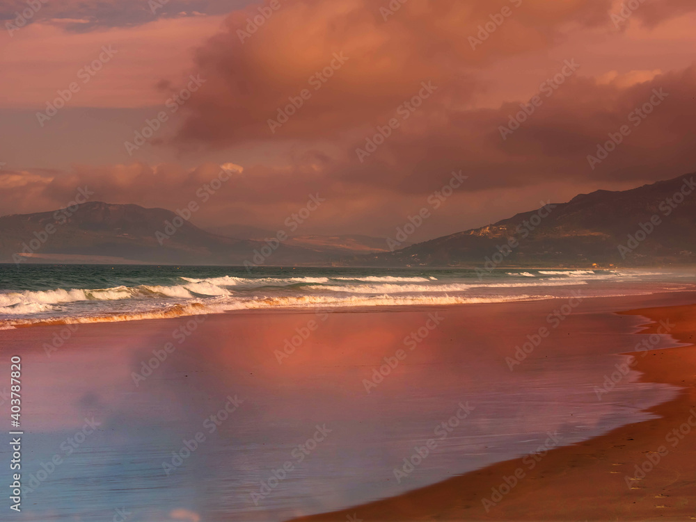 Fototapeta premium View to the beach of Tarifa, Andalusia, Spain, after sunrising