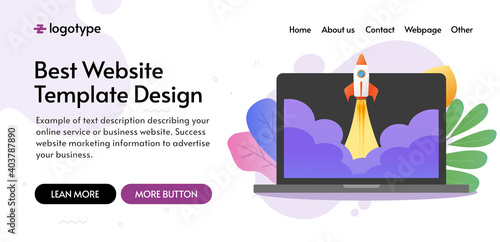New business startup launch website template mockup design vector, innovation growing web internet project, modern layout mock up landing page illustration with rocket ship flying up flat cartoon