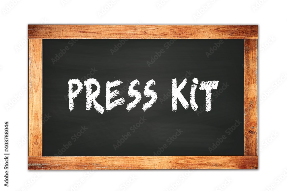 PRESS  KIT text written on wooden frame school blackboard.