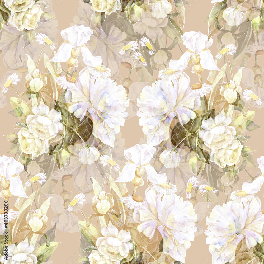 Fototapeta premium Garden flowers rose, peony, iris, chamomile painted in watercolor with leaf. Floral seamless pattern on beige background.