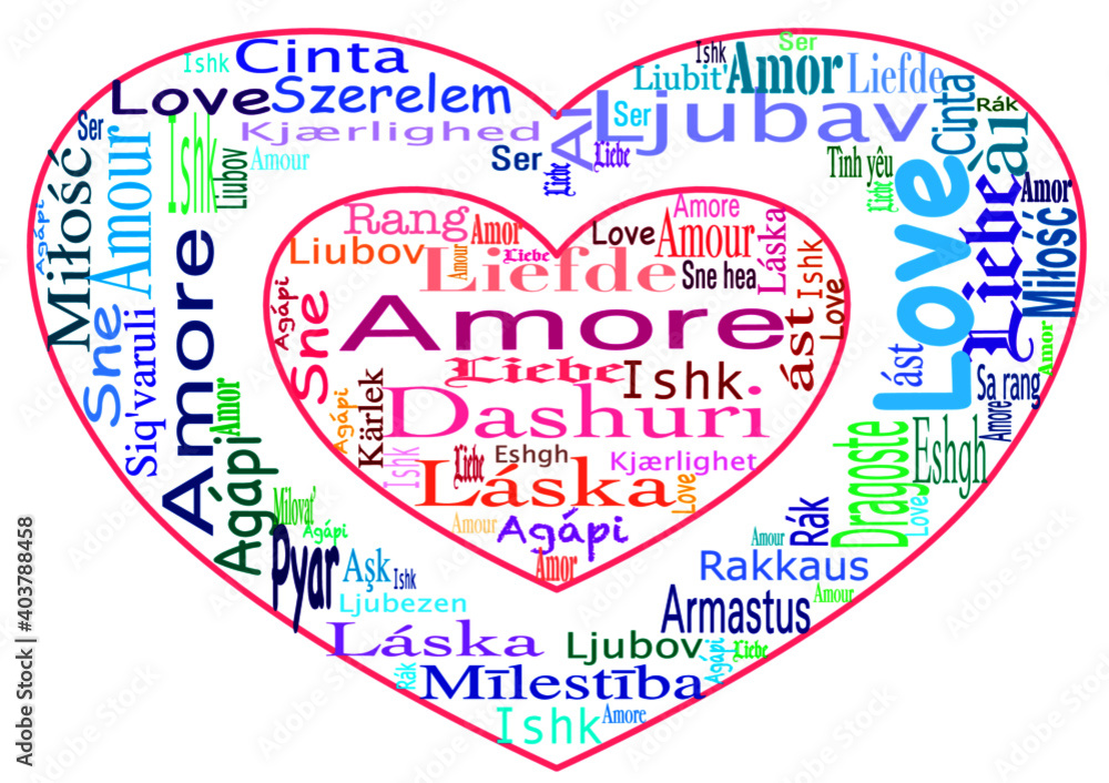 Word cloud in heart shape with the word love (for example liefde, amor, amour, Liebe, amore) in