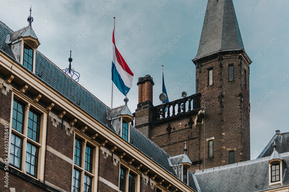 Parlament of Netherlands in Hague and NL flag