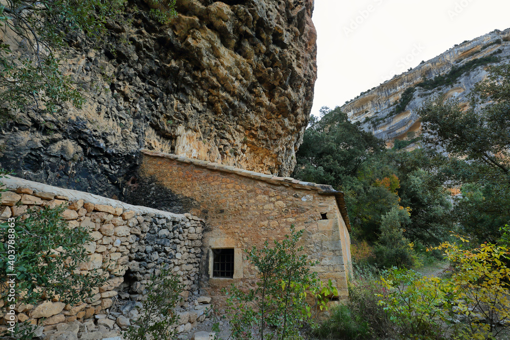 View of San Martín de Lecina Hermitage in Sierra de Guara gorge, Huesca, Spain