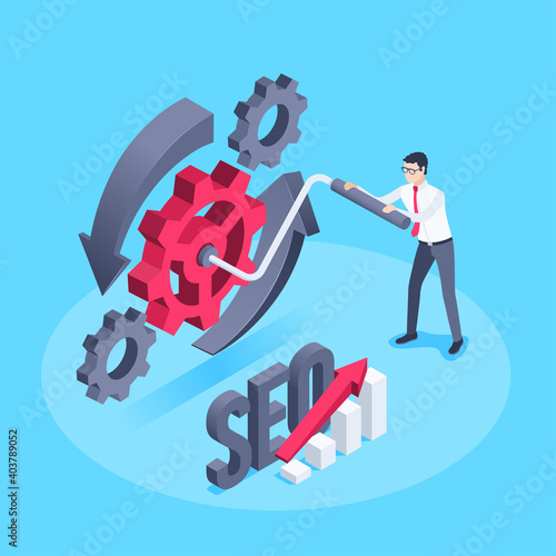 isometric vector illustration on a blue background, a man in business clothes is spinning gears, seo and a chart with an arrow
