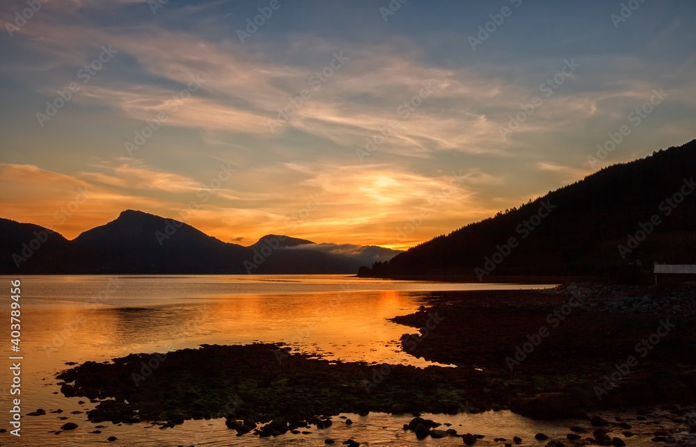 Sunrise over fjord