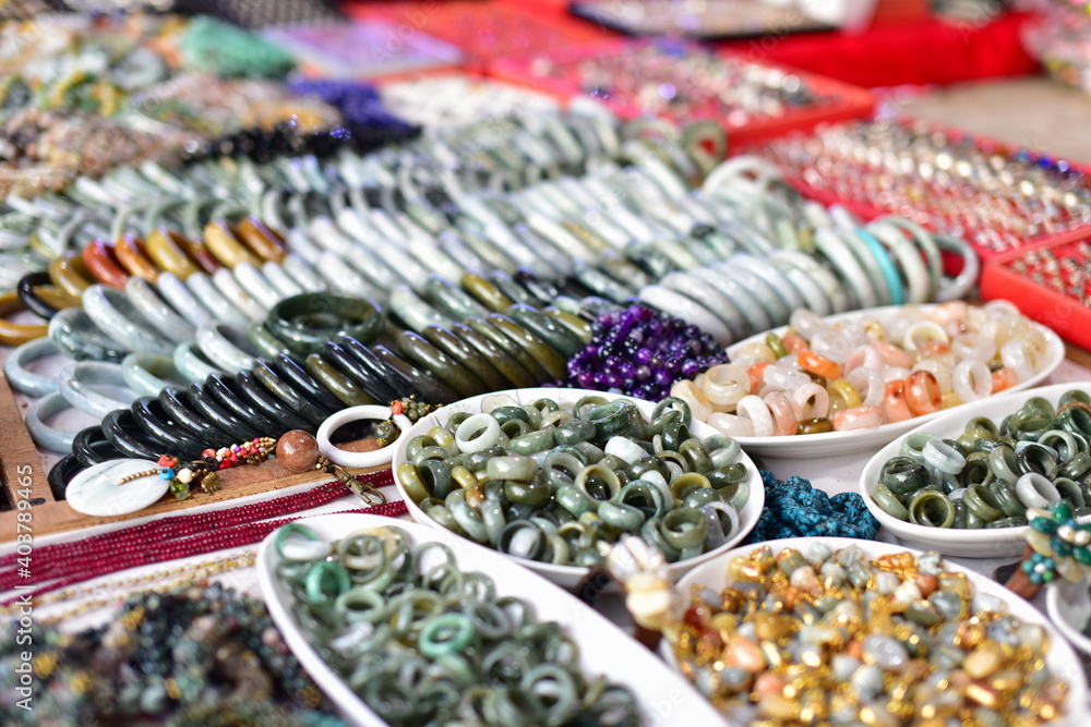 Stone and jade jewelry Beautiful traditional Mon designs at Mon Market, Sangkhlaburi District, Kanchanaburi Province, Thailand