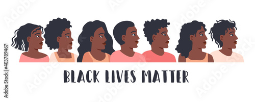 Black lives matter poster with protesting multinational people. No racism concept in cartoon flat style isolated on white. Vector illustration. Black women and men on demonstration holding placard.  photo