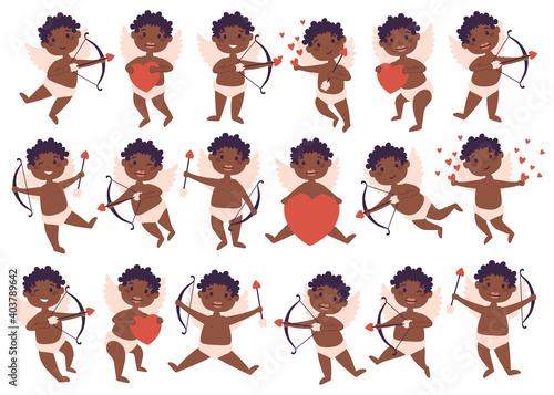 Amur African American baby angel big bundle set. Cute funny cupid little god eros Greece kids in different poses. Valentine angel collection with heart, cupid love amur
