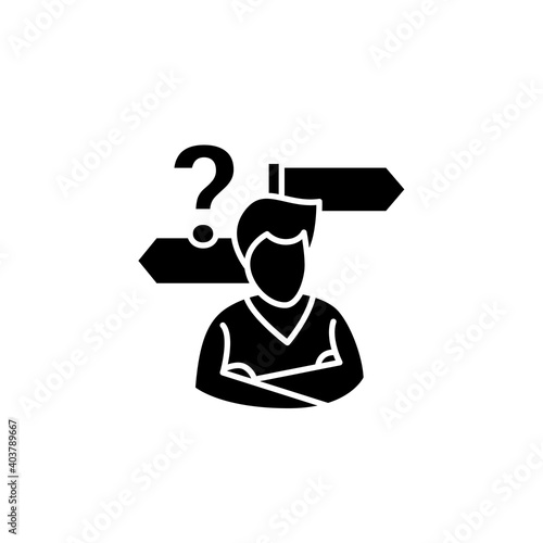 Decision making glyph icon. Person avatar with two road signs and question linear filled flat sign. Concept of mind concentration difficulties, deciding trouble.Isolated silhouette vector illustration