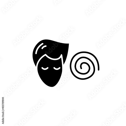 Hypnosis glyph icon. Absorbed or meditating person with hypnotic helix filled flat sign. Concept of psychotherapy, hypnosis, mind focus and deep concentration. Isolated silhouette vector illustration photo