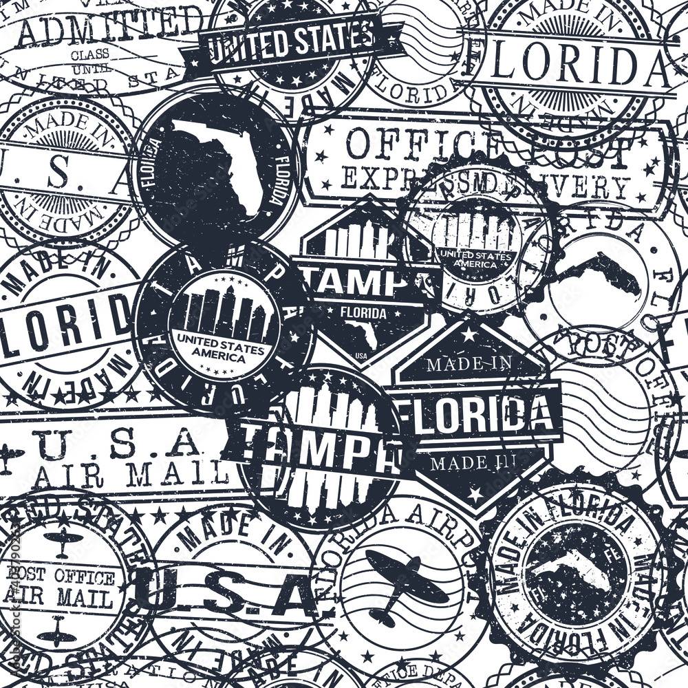 Tampa Florida Stamps Background. City Stamp Vector Art. Postal Passport Travel. Design Set Pattern.