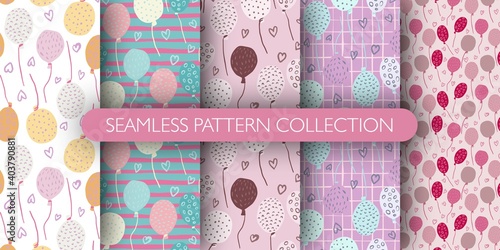 Set of seamless pattern with balloons and hearts ornament. Cute holidays print collection.